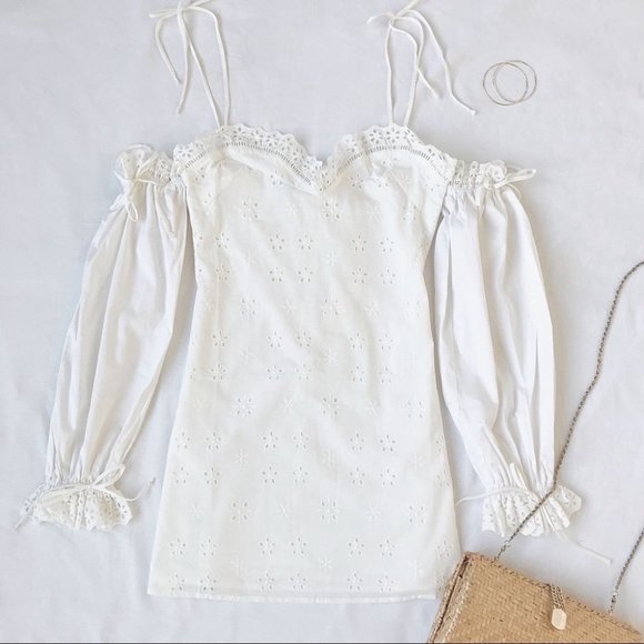 For Love & Lemons Vera Eyelet Ruffle Lace Mini Dress White Size Small - Picture 6 of 16